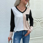 Women’s Black Color Block V Neck Long Sleeve Top