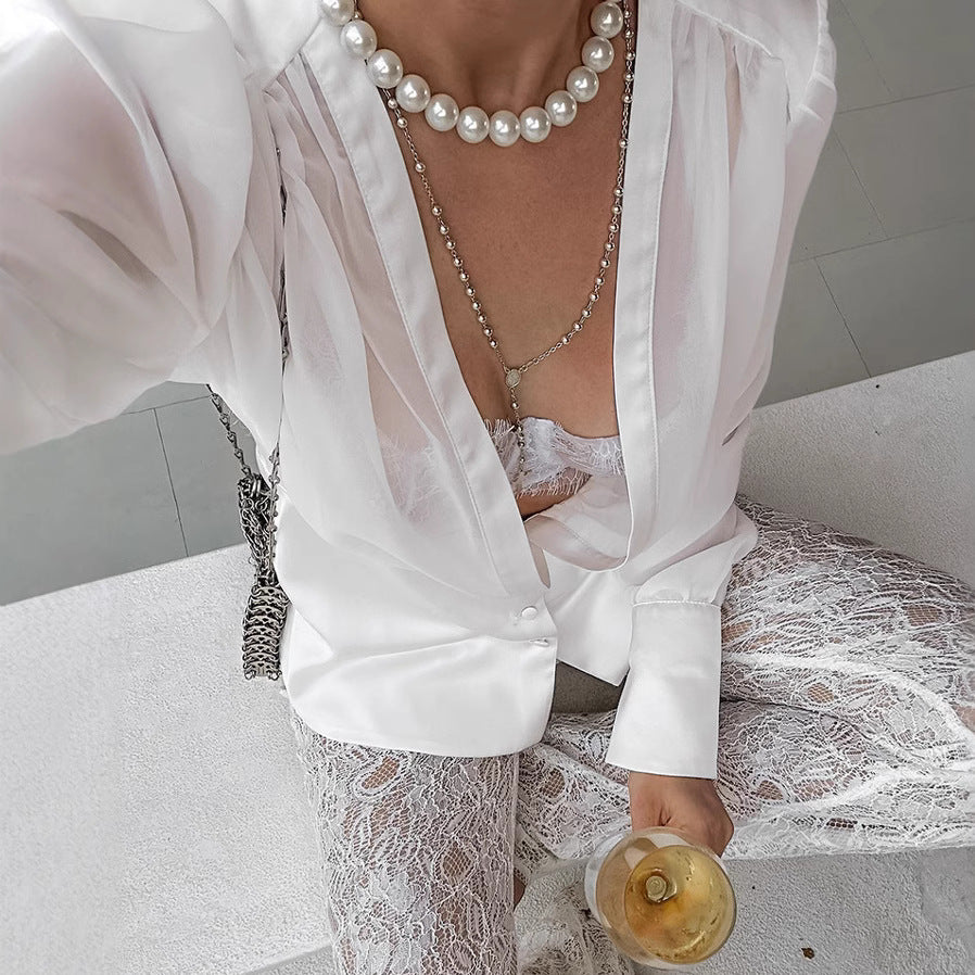 Women's Deep V-Neck Long Sleeve Blouse