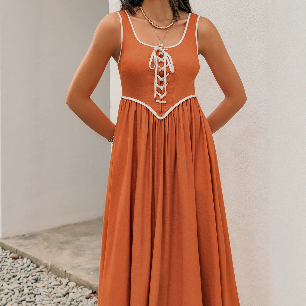 Vacation Dress Lace Stitching V neck Tassel Lace Beach Dress