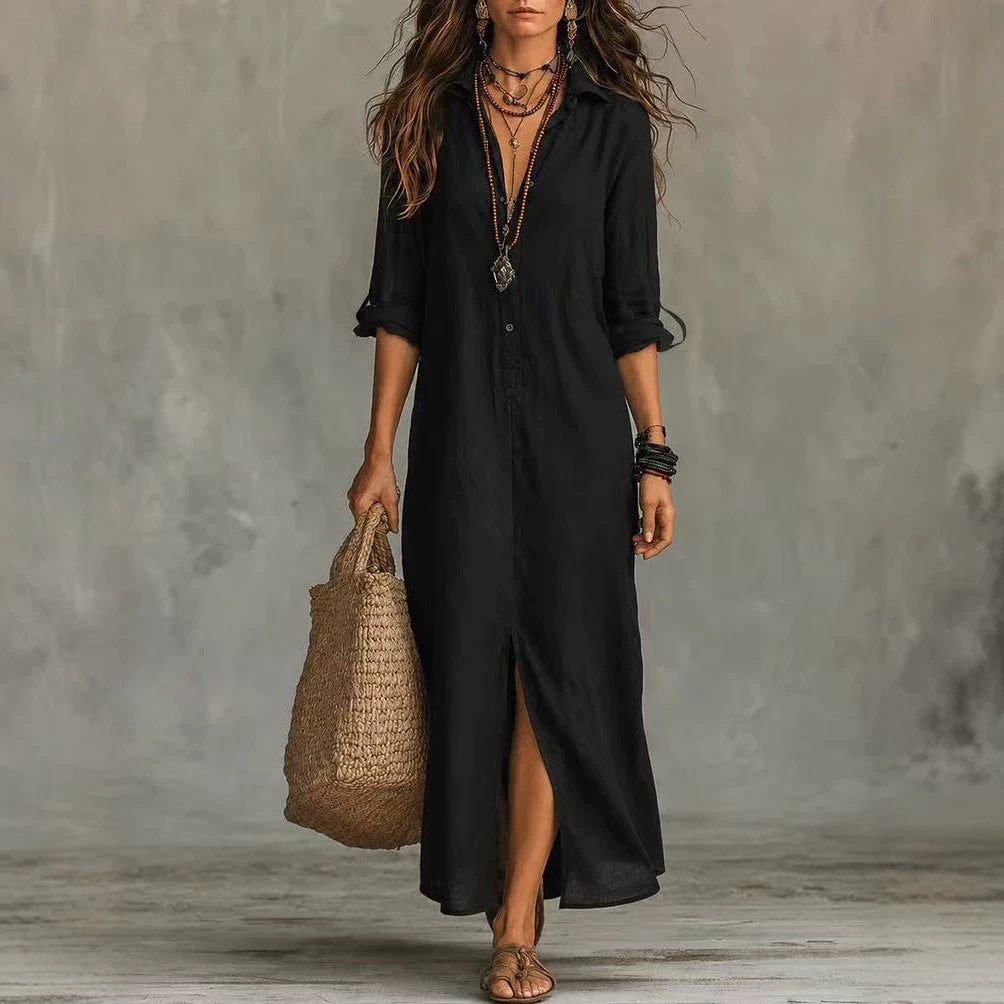 Women's Collared Button-Front Split Maxi Dress
