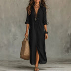 Women's Collared Button-Front Split Maxi Dress