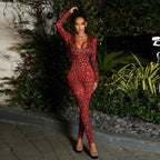 Women's Leopard Print Long-Sleeve Jumpsuit