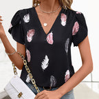 Women's Feather Print V-Neck Puff Sleeve Top
