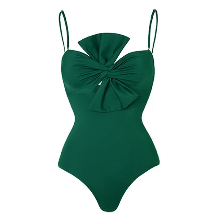 Bow Solid One-piece Swimwear