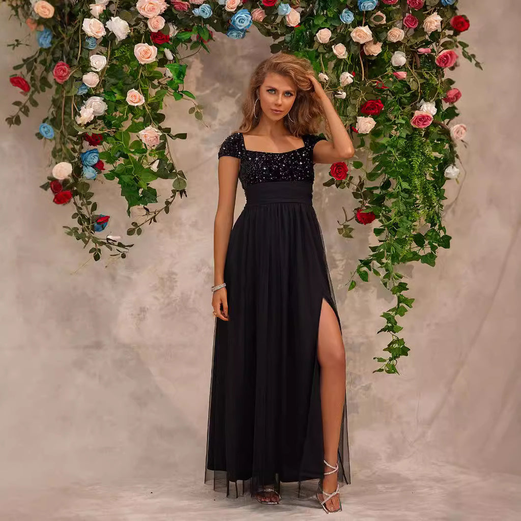 Women's Sequin Lace Square Neck Evening Maxi Dress