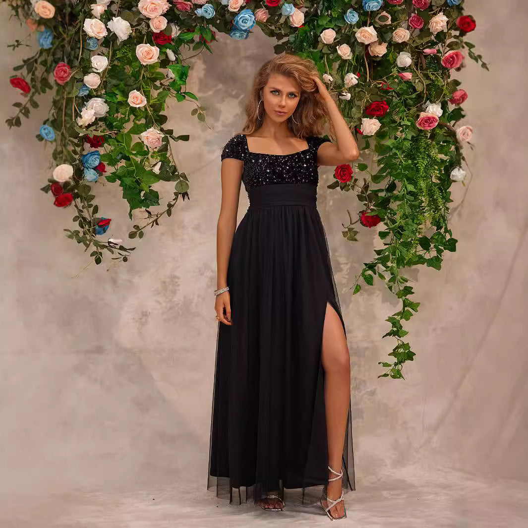 Women's Sequin Lace Square Neck Evening Maxi Dress