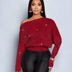 Sloping Shoulder off the Shoulder Sequ Loose Fitting
