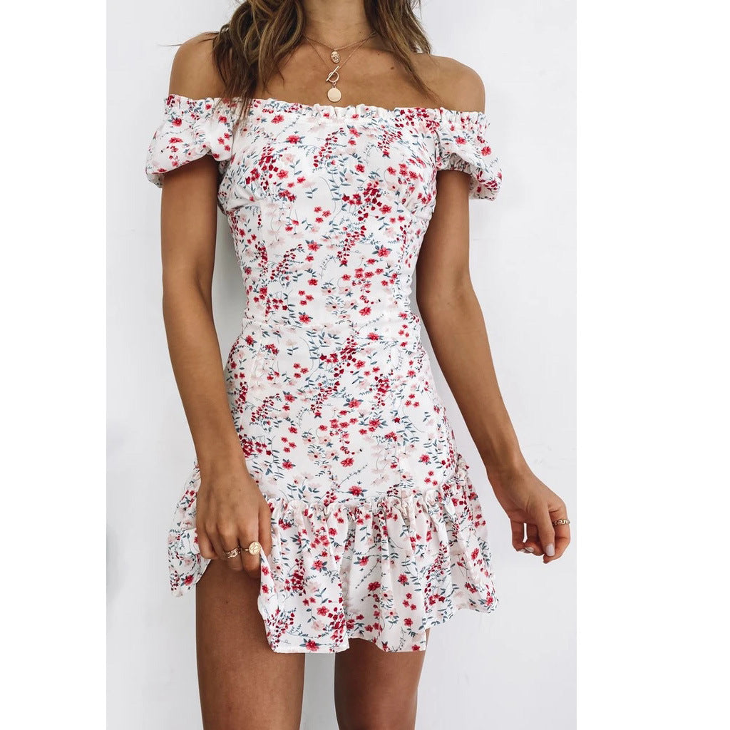 Women's Spring Summer Small Floral Sexy Off Shoulder Collar Dress Home Floral