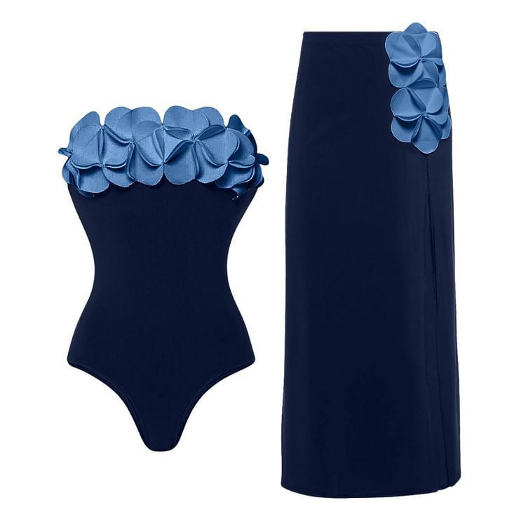 One-piece swimsuit and long swim skirt, dark navy with light-blue flower appliques