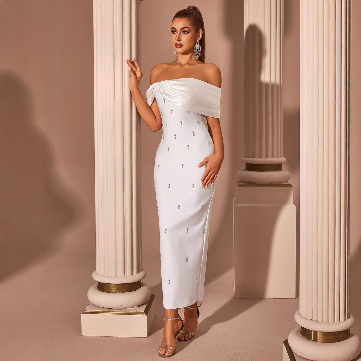 Women's White Off-Shoulder Rhinestone Evening Dress