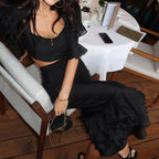 Design Ruffled Skirt Set Women Women Clothing Square Collar Short Sleeve Top Casual Two Piece Set