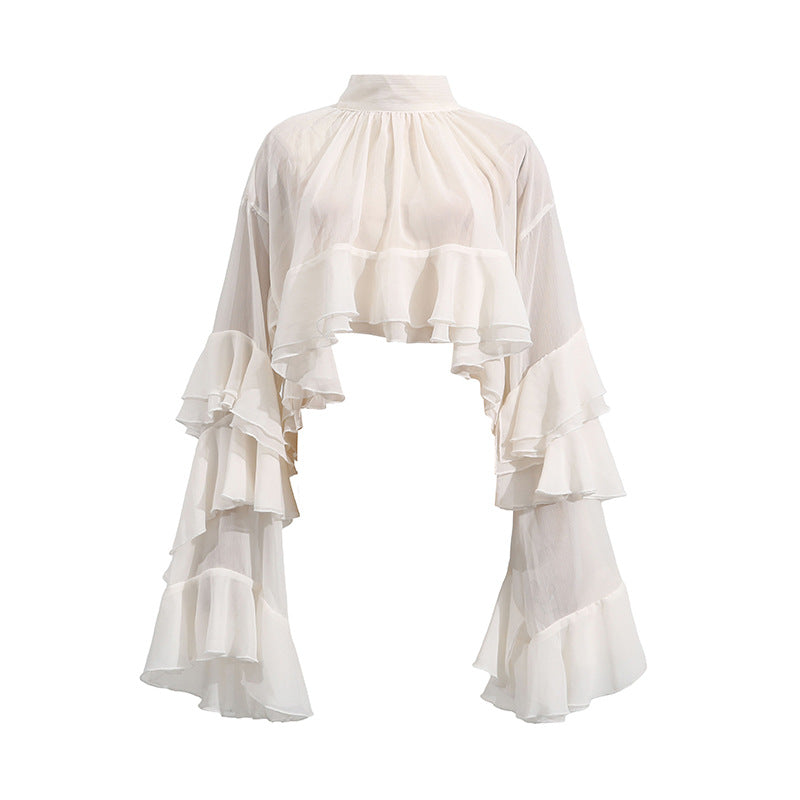 Women's Fashionable Casual Shirt For Women Summer Elegant Mesh Wooden Ear Design Long Sleeve Top