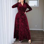 Plus Size Mild Luxury Retro Vertical Rose Print Velvet V neck Knot Waist Controlled Long Sleeves Large Swing Cocktail Dress