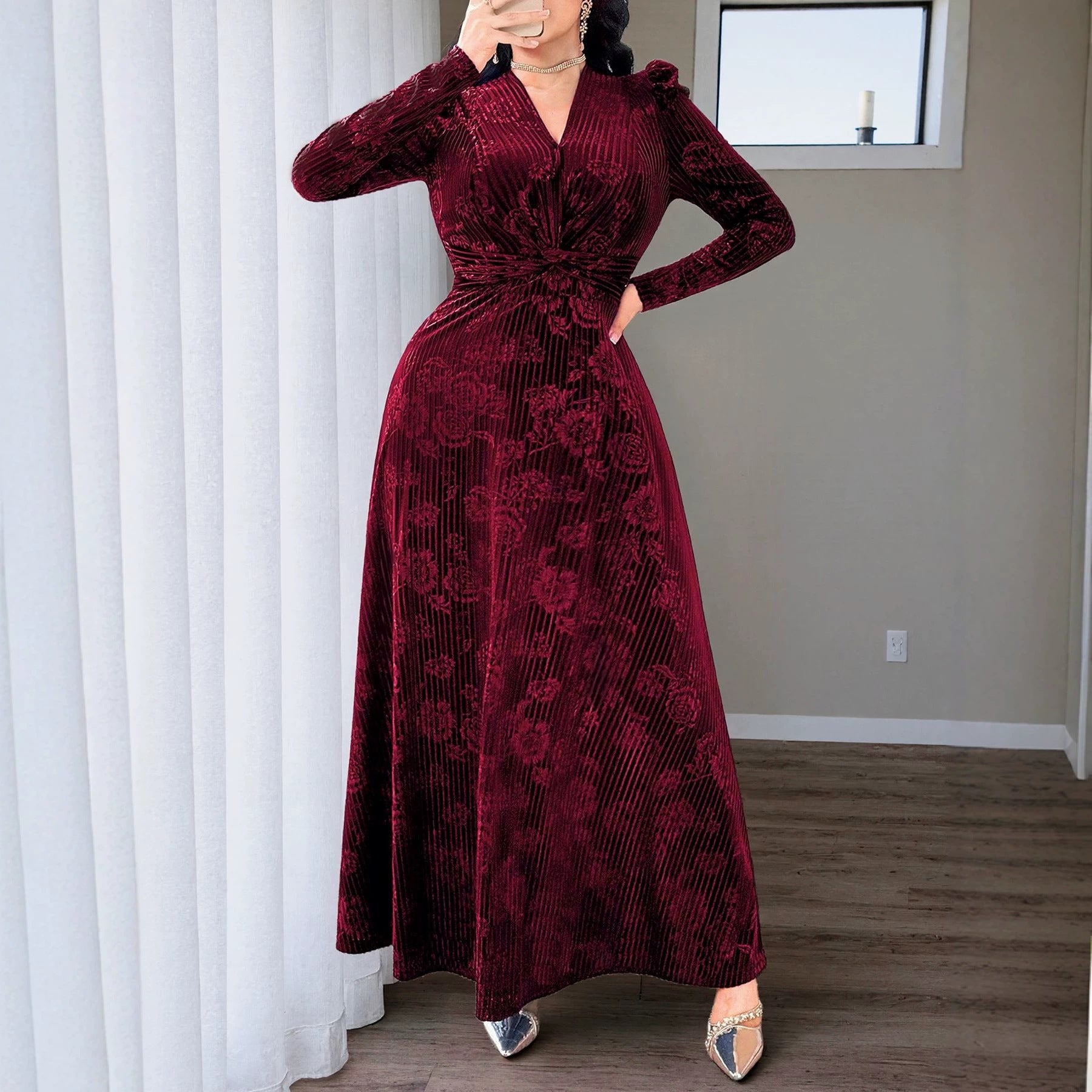 Plus Size Mild Luxury Retro Vertical Rose Print Velvet V neck Knot Waist Controlled Long Sleeves Large Swing Cocktail Dress