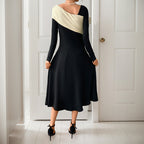 Controlled Large Hem Irregular Asymmetric V-Neck Color-Block Dress