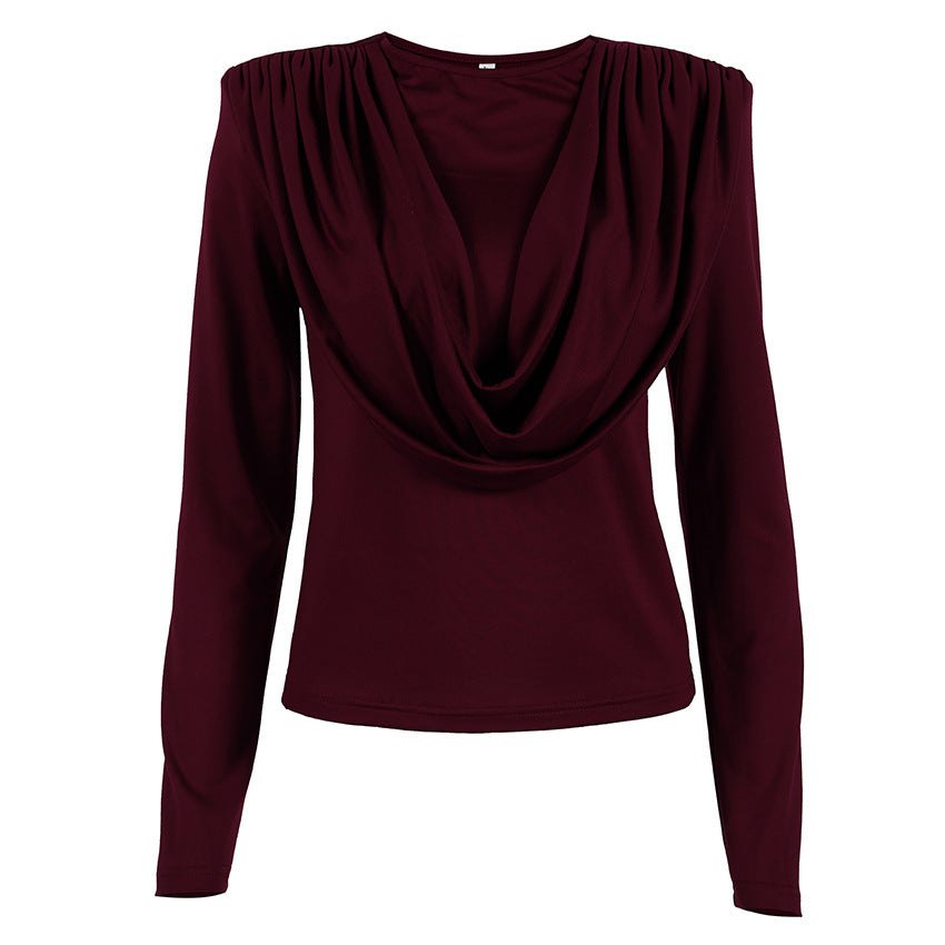 Women's Pleated Waist Tight Swing Collar Long Sleeved T Shirt Women Autumn Winter Beautiful Bottoming Top