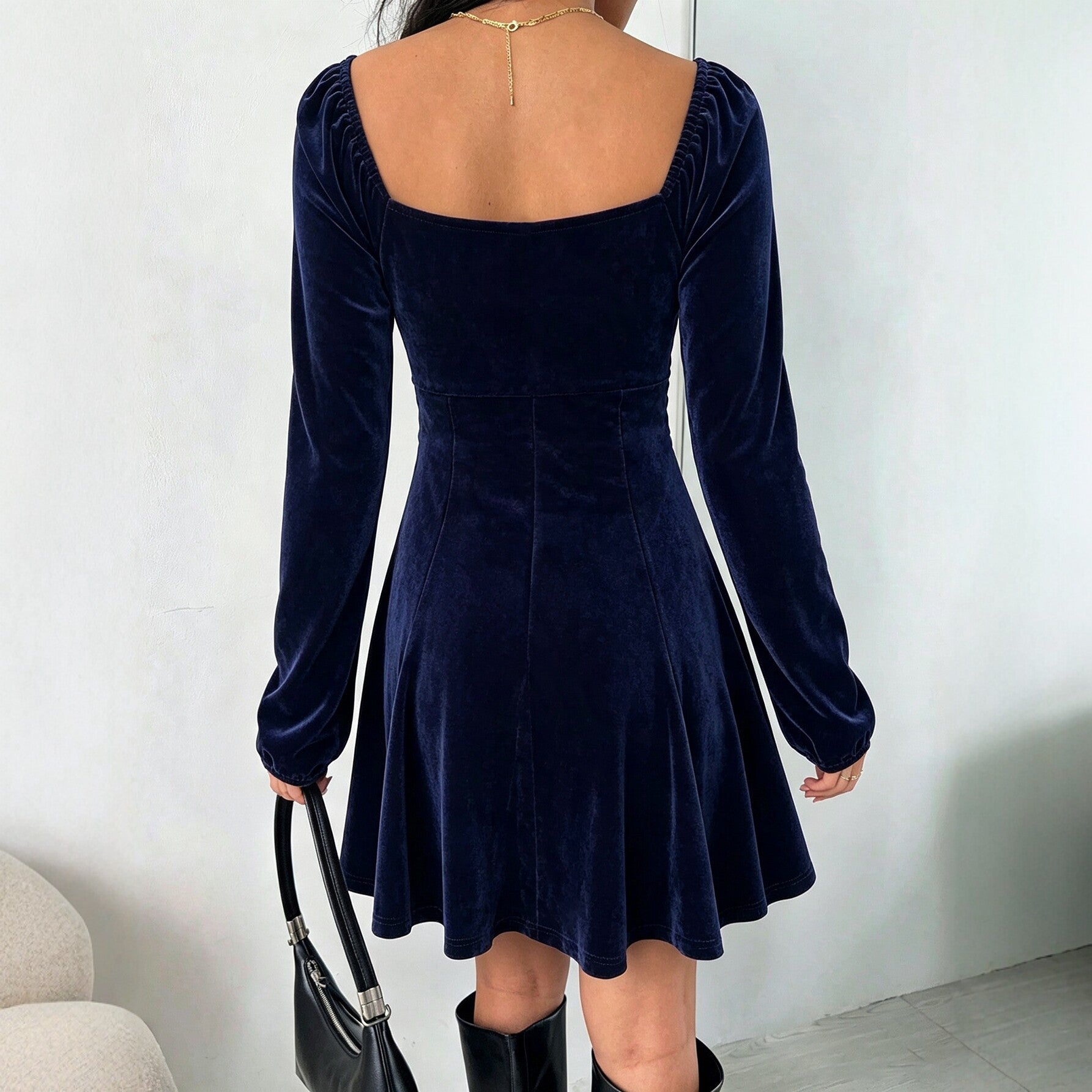 Women's Velvet V-Neck Bow-Detail Mini Dress
