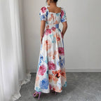 Floral Square-Neck Puff-Sleeve A-Line Maxi Dress
