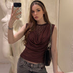 Women Clothing Summer Lace See through round Neck SL Slim