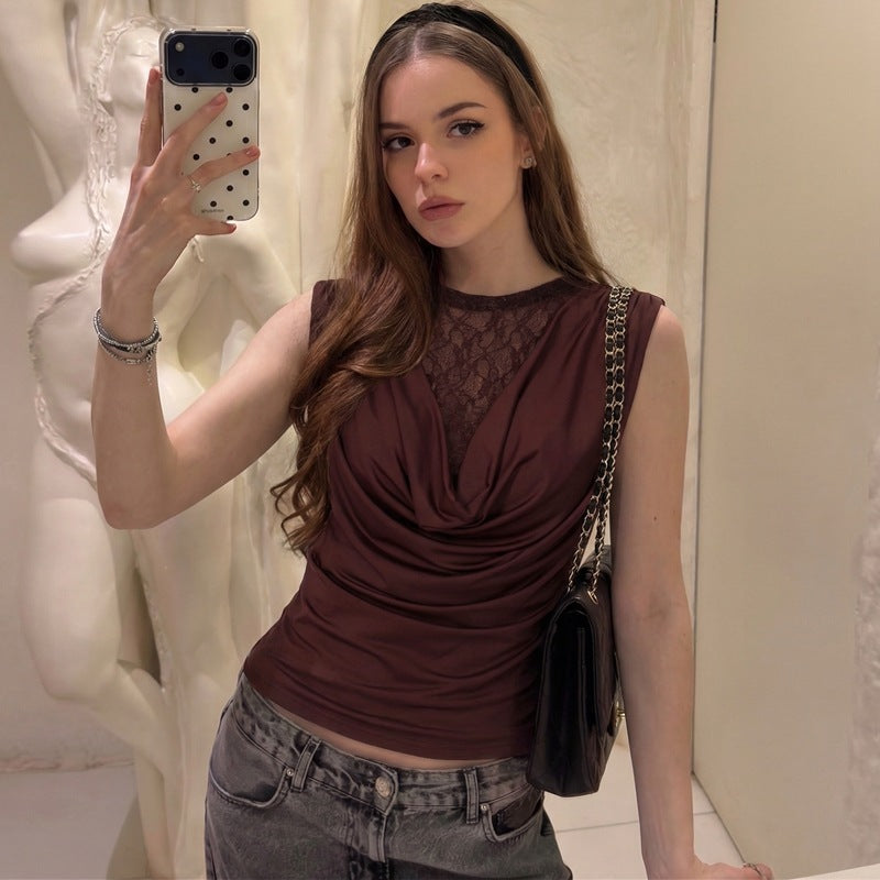 Women Clothing Summer Lace See through round Neck SL Slim