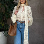 Women's Spring Sexy French Elegant Ribbon See Through Apricot Lace Hollow Out Cutout Out Office Long Sleeve Shirt For Women
