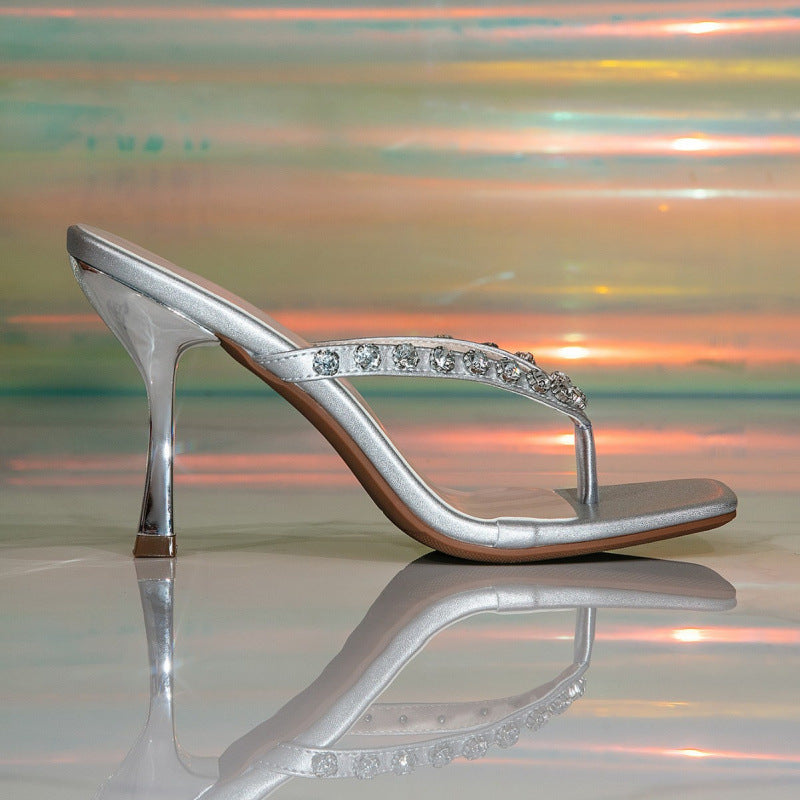 's Summer Rhinestone Strap Sandals High Heels Stiletto Heel Silver Sandals