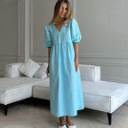 Lightly Mature V neck Puff Sleeve Blue