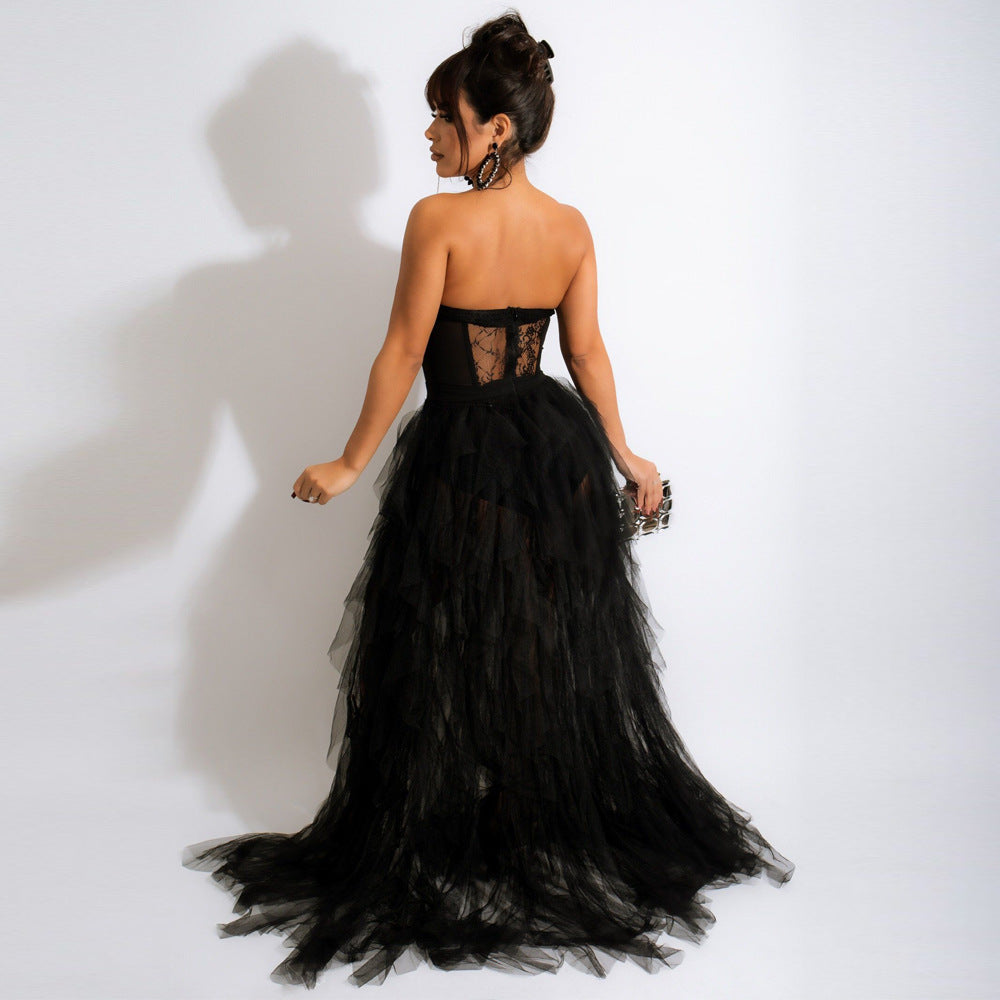 Women's Sexy See-Through Mesh Lace Chest-Wrapped Dress