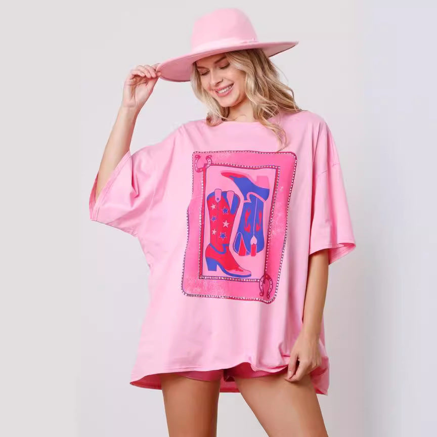 Women's Spring Summer Printed Rhinestones Top Loose Fitting Casual T Shirt Women