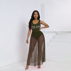 Army green sleeveless summer dress with sparkly beaded bust and sheer skirt