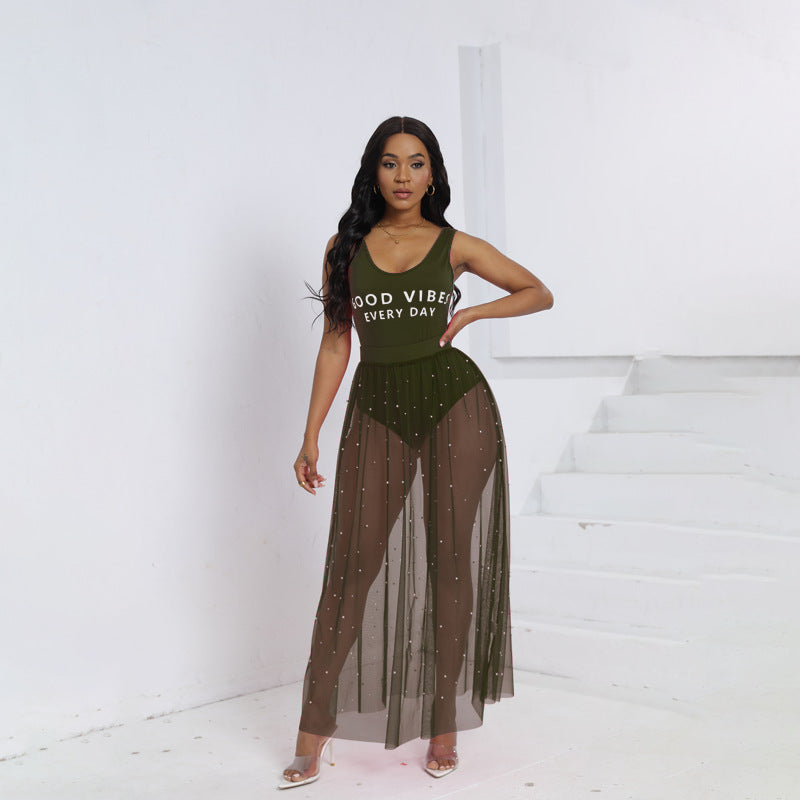 Army green sleeveless summer dress with sparkly beaded bust and sheer skirt
