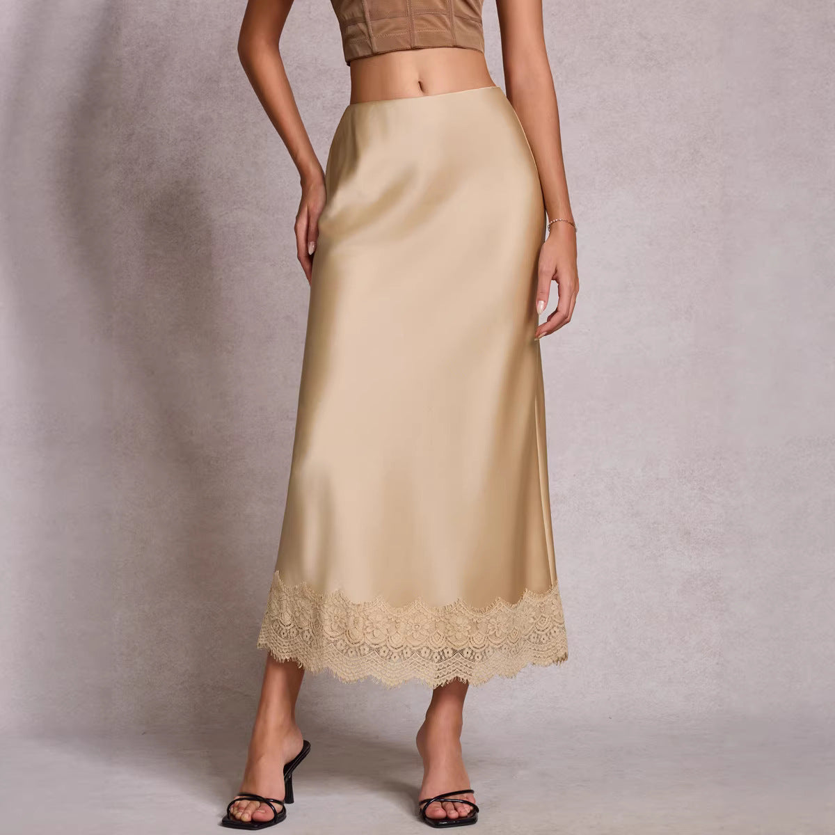 Women's Lace Satin High-Waist Pencil Midi Skirt