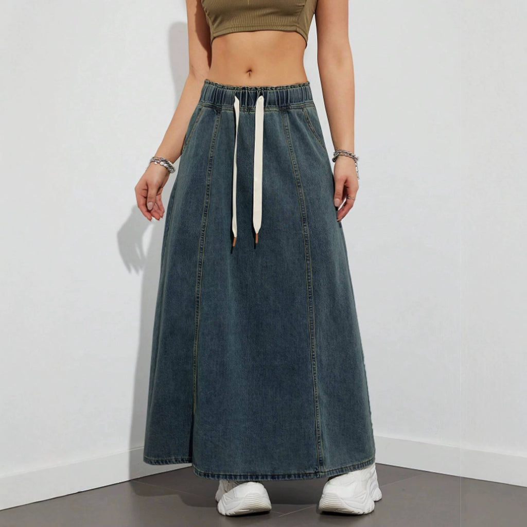 High-Waist Drawstring Denim Skirt