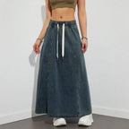 High-Waist Drawstring Denim Skirt