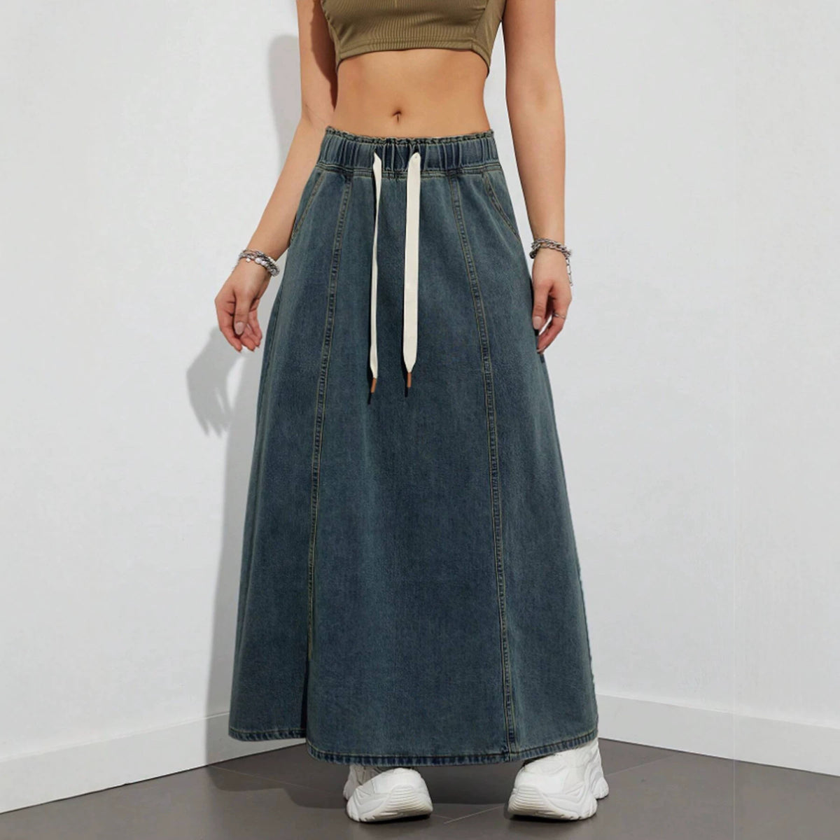 High-Waist Drawstring Denim Skirt