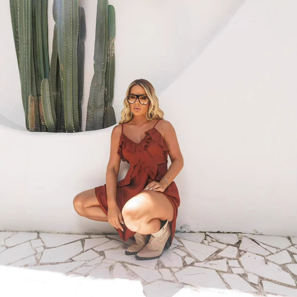 Ruffle Spaghetti-Strap Split Maxi Dress