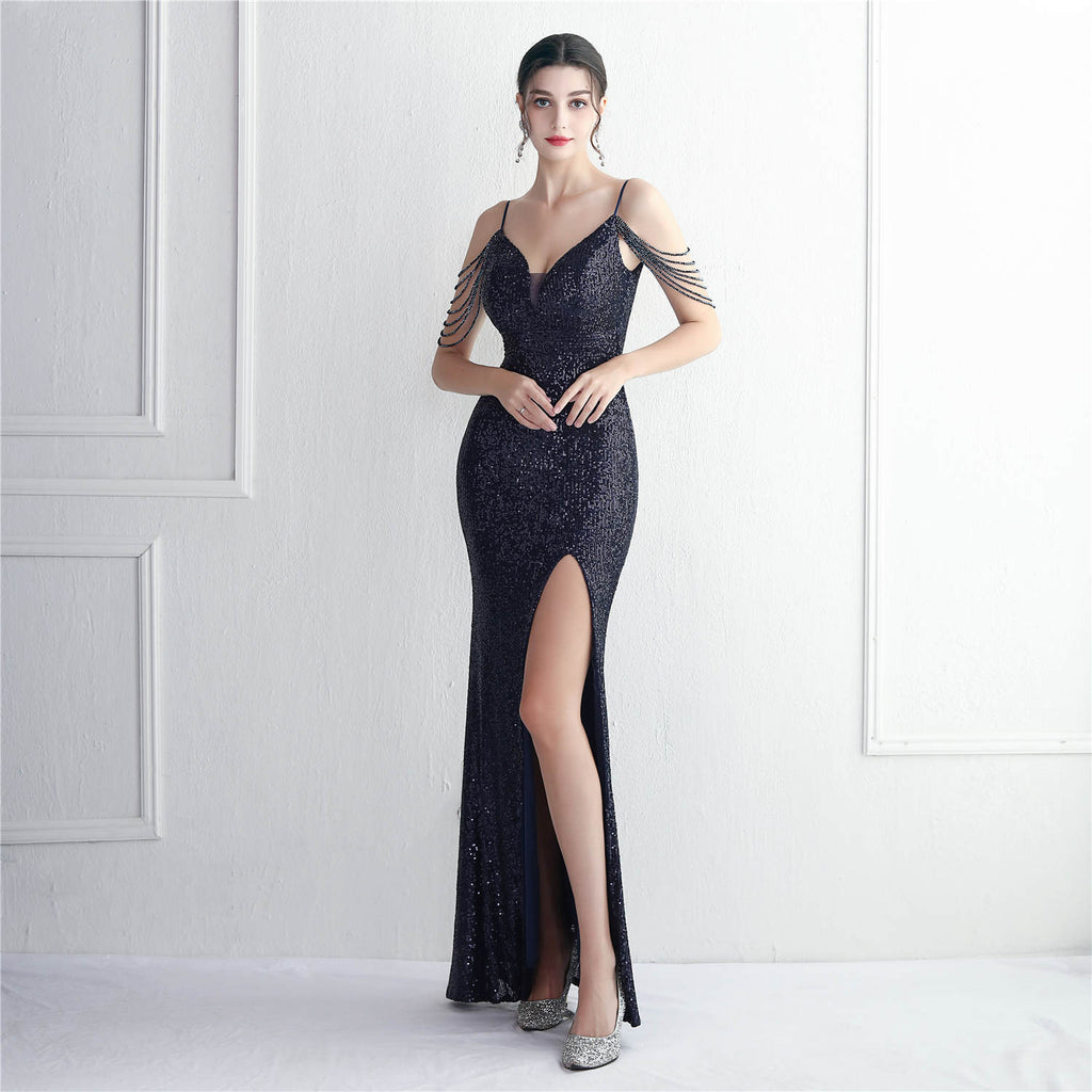 Women's Sequin Beading Strappy Party Sequin Dress Long Banquet Slim Fit