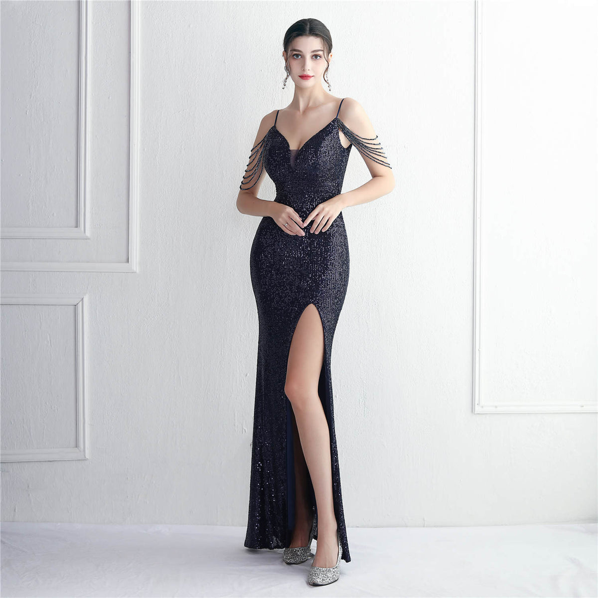 Women's Sequin Beading Strappy Party Sequin Dress Long Banquet Slim Fit