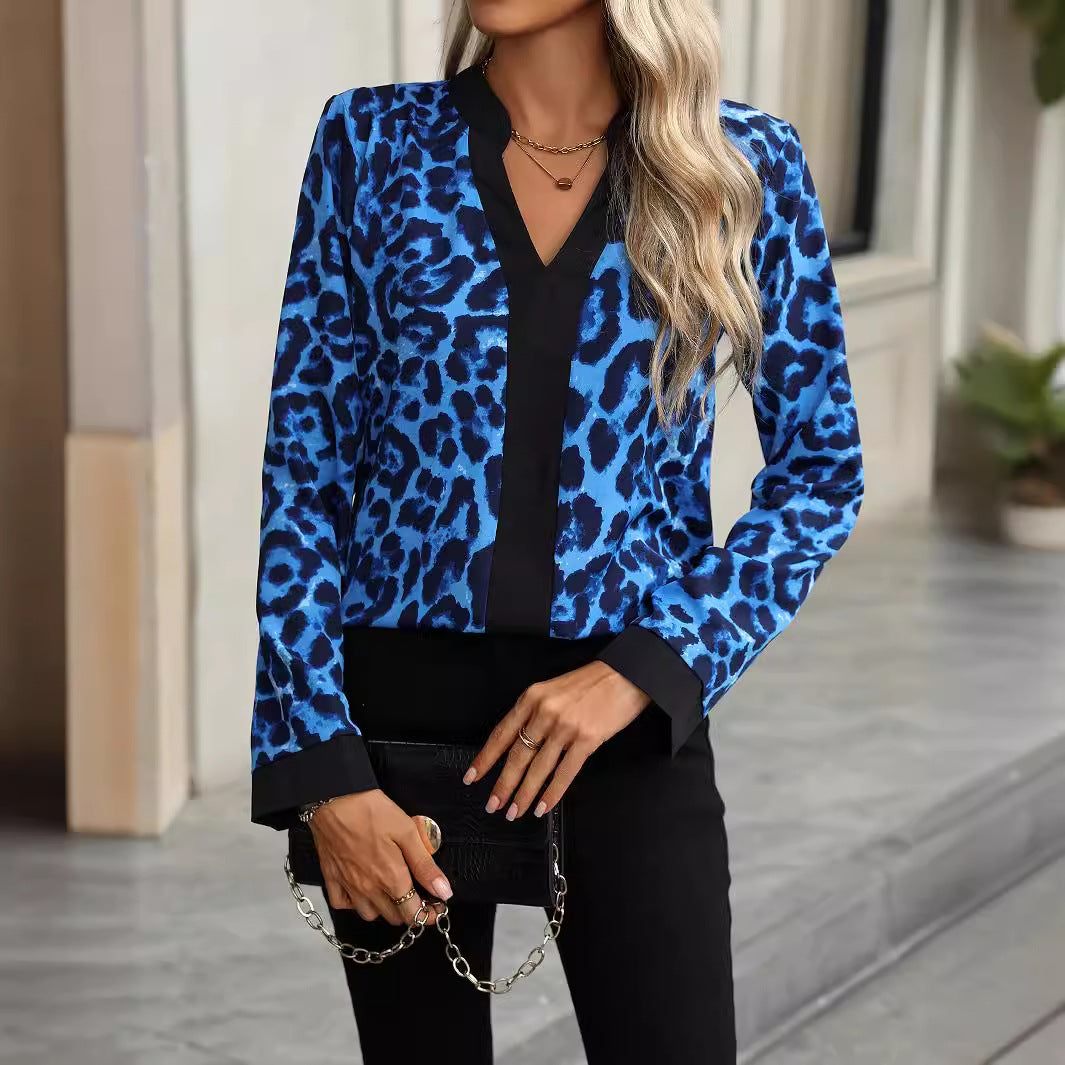 Women's Clothing Spring Autumn V Neck Leopard Print Long Sleeve Women Shirt