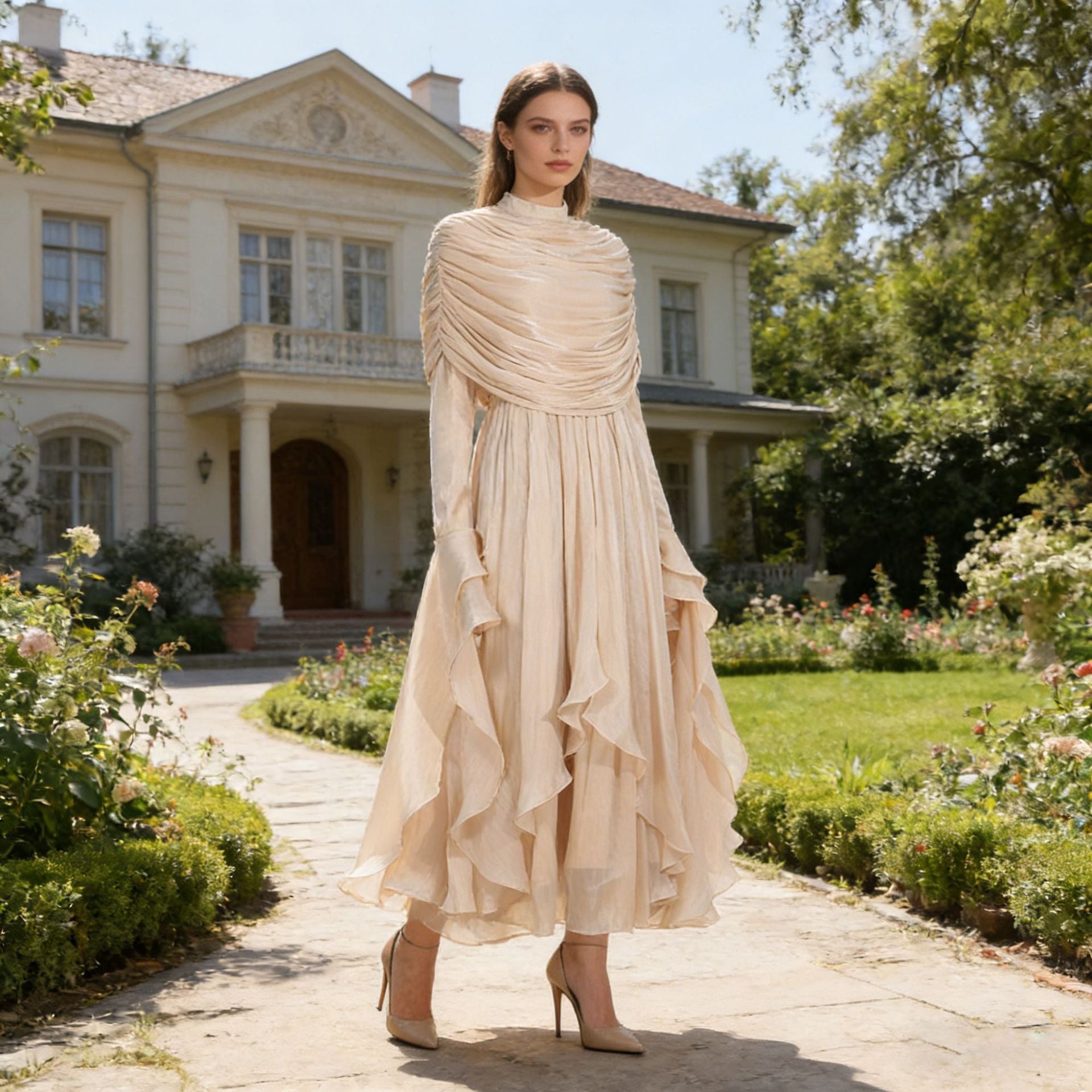 Women's Pleated Ruffle Mock-Neck Dress