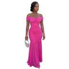 Rose pink off-shoulder ruched maxi dress, sweetheart neckline, gathered skirt