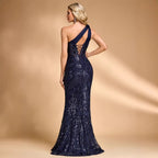 Women's Sequin Oblique Shoulder Applique Evening Cocktail Dress