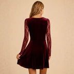 Women's Burgundy Velvet Lace-Detail Dress