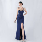 Women's Dress Boning Corset Waist Tight Water Ordering Bright Crystal Satin Host Annual Party Evening Dress