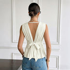 Women's French Texture Solid Color V Neck Cinched Sleeveless Top