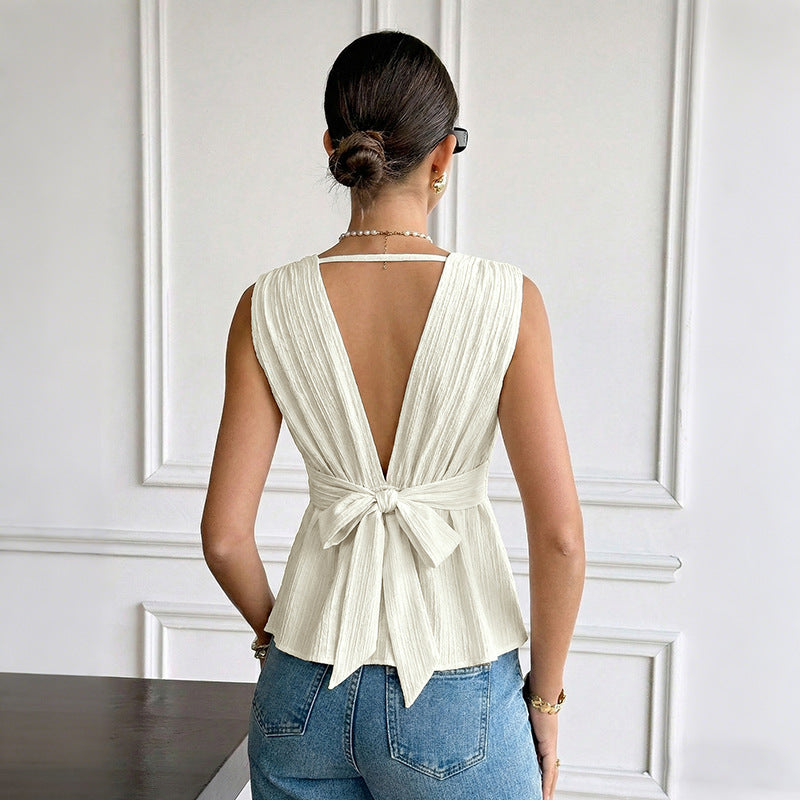 Women's French Texture Solid Color V Neck Cinched Sleeveless Top
