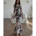 Women's Cowl-Neck Floral Ruffle Long-Sleeve Maxi Dress