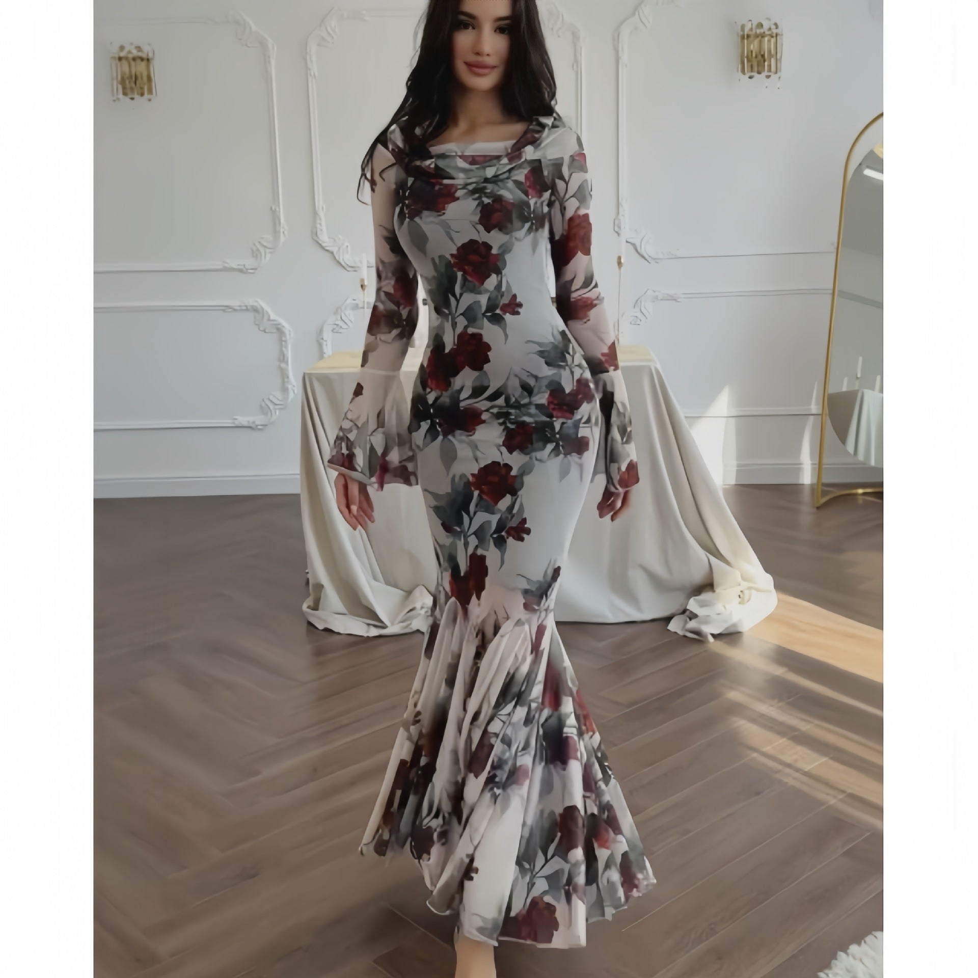 Women's Cowl-Neck Floral Ruffle Long-Sleeve Maxi Dress