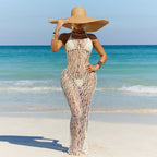 White halter mesh bodycon dress with cutout lattice pattern and open-back look