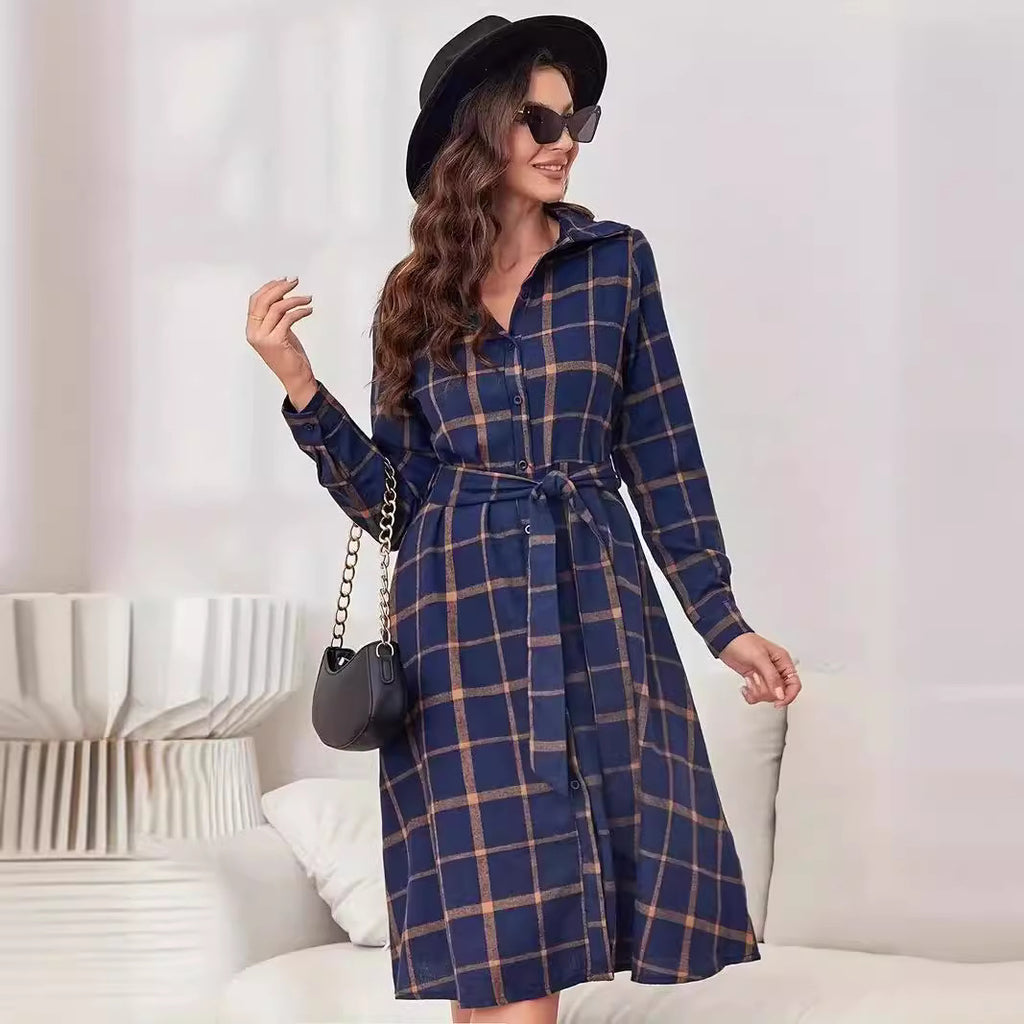 Women's Plaid Collared Long Shirt Dress